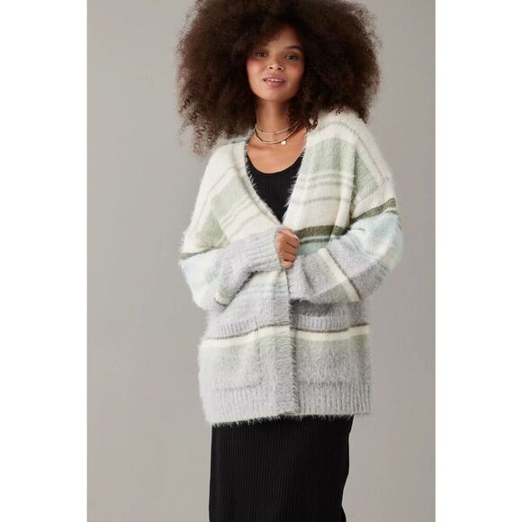 American Eagle Outfitters Whoa So Cozy Fuzzy Cardigan Striped Size Small - Picture 1 of 7